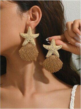Straw Starfish & Shell Sea Life Earrings